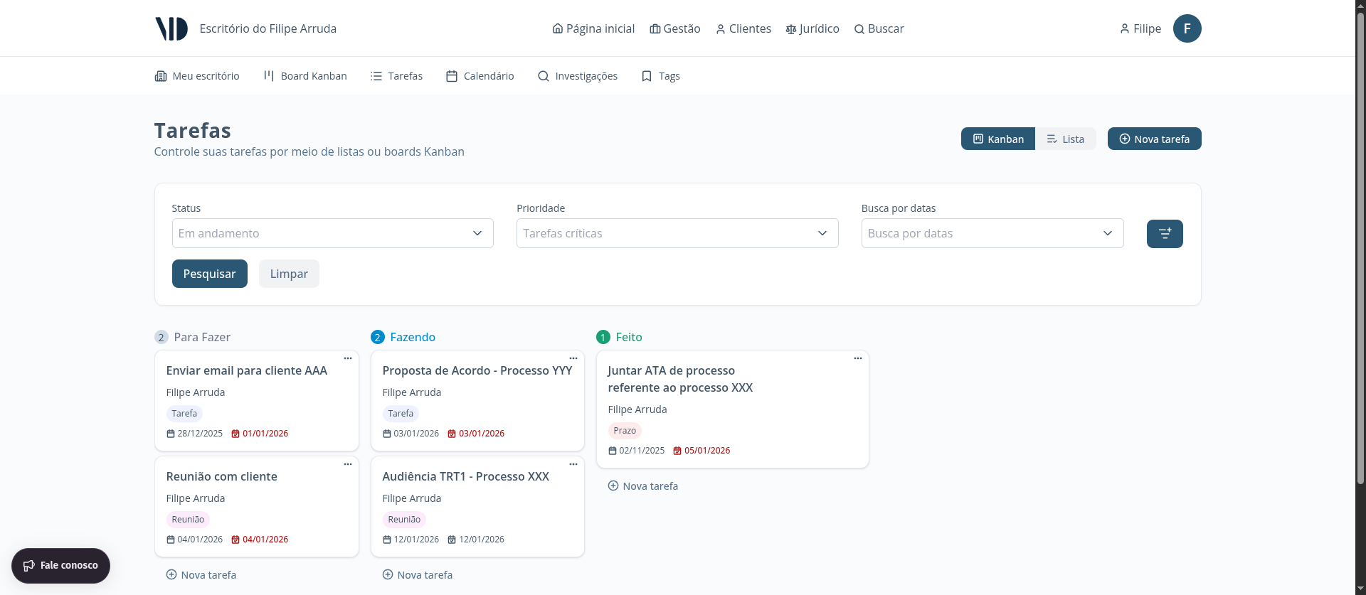 Quadro Kanban mostrando tarefas organizadas em colunas: Para Fazer, Fazendo e Feito